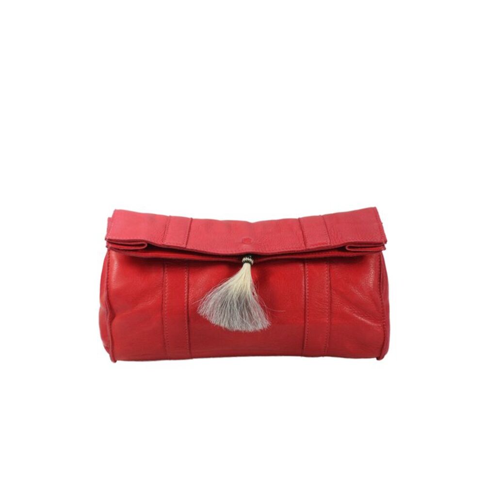 Morgan Parish Womens Straw Tassel Envelope Clutch Handbag Red